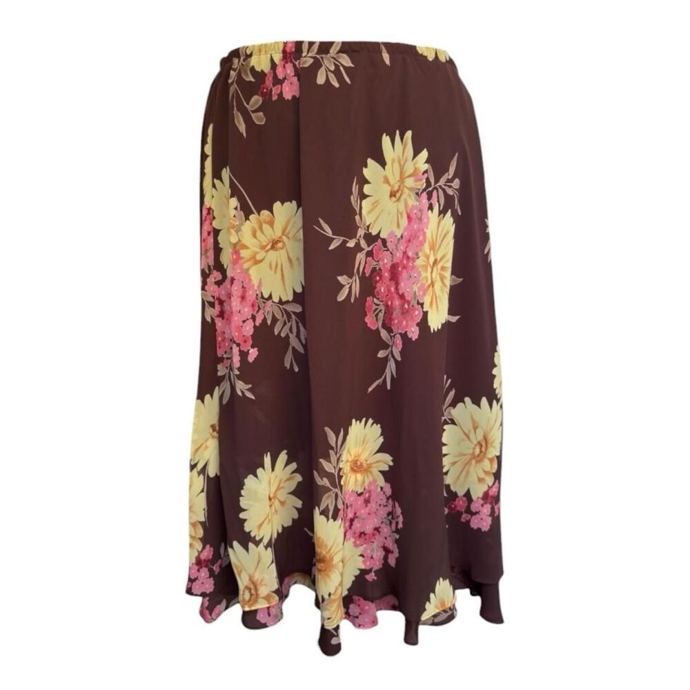 Koret brown floral midi skirt yellow and pink flowers, elastic waistband, 18WP